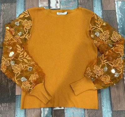Sioni Milano Sweater Size Small Decorative See Through Sleeves NWT Sequins Gold  - Image 1 of 4