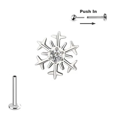 Titan Schneeflocke m Kristall Steck Labret Ohr Helix Piercing Push in Pin Silber - Bild 1 von 3