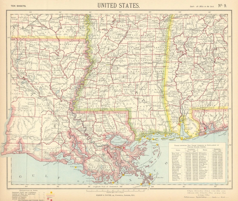 Mapa LETTS 1892 de Ferrocarriles de Alabama Mississippi Costa del Golfo de Estados Unidos Foto 1 de 1