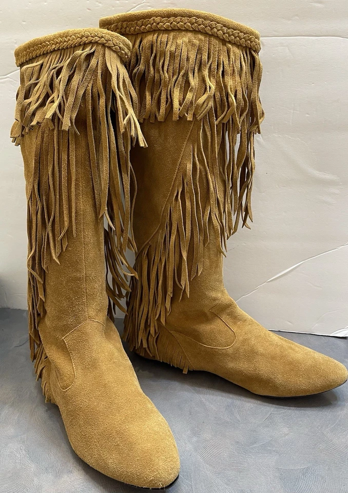 Sam Edelman Cowgirl Saddle Cognac Suede Flat Boot Western Fringe Knee High Sz 10 - Image 1 of 4