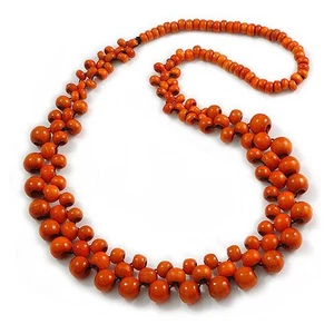 Collana lunga con perline in legno a grappolo arancione - lunghezza 82 cm - Foto 1 di 6
