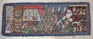 Tapestry Christmas Table Runner Santa's Workshop Elves Reindeer Tree 37w x 14"t - Picture 1 of 10