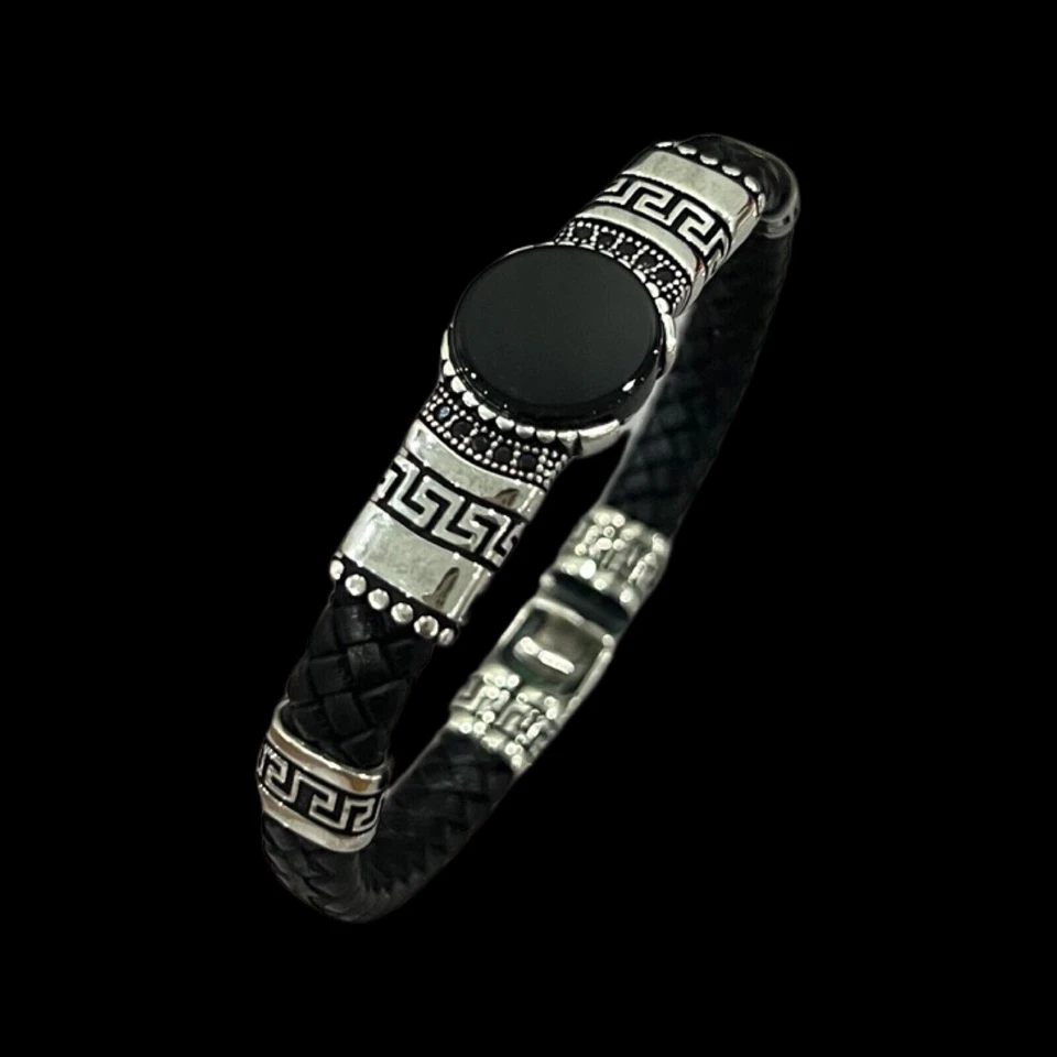 Brazalete Brazalete Hombre Plata de Ley Piedra de Ónix Negro Cuero Trenzado. Foto 1 de 4
