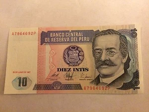1985 - 91 Issue Peru 10 Intis Banknote; Crisp, Uncirculated - Picture 1 of 2