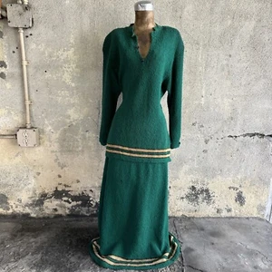 Vintage 1940s Green Wool Bouclé Knit Dress Set Pinup Sweater & Skirt Set - Picture 1 of 10