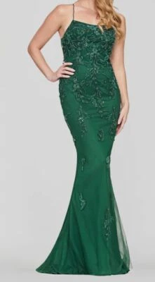 $478 Vestido Faviana Para Mujer Verde Tul Floral Con Cordones Cuentas Cuello en V Talla 12 Foto 1 de 3