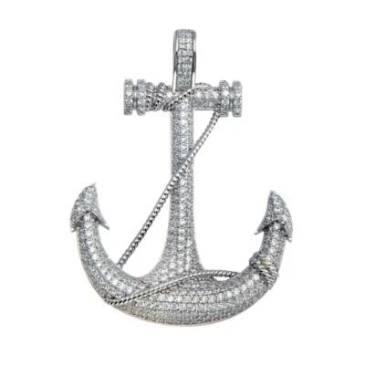 Pendente Hip Hop In Argento Sterling Con Ancora E Pietre CZ Micro Pave - Immagine 1 di 3