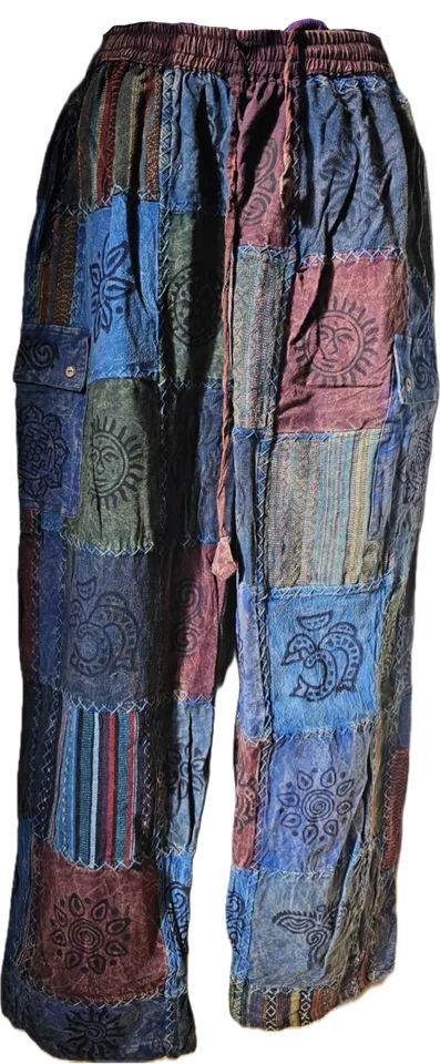 Unisex Winter Patchwork Cotton Trouser Hippy Boho Combat Wide Festival Pant S60 - Image 1 of 1