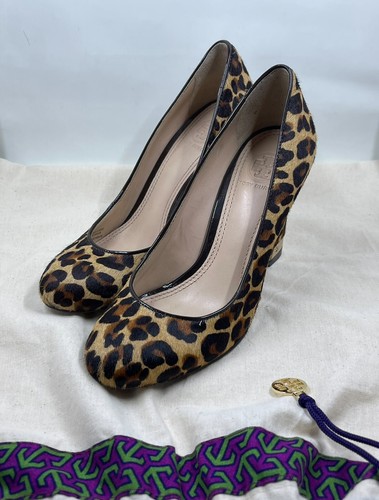 Tory Burch Astoria zeppa tacco donna taglia 5 M stampa leopardata pelle pelo di vitello