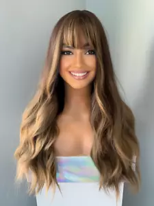 Wavy Brown Wig with Bangs, 24" Realistic Balyage Wig - Picture 1 of 6