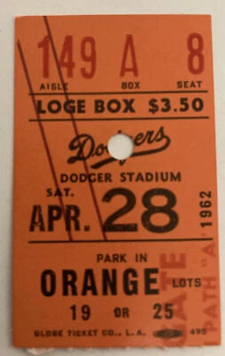 1962 LA Dodgers Ticket Sandy Koufax 4 Win Yr/6 K/9 IP  V Pirates 2-1 W  Mt 4/28 - Image 1 of 2