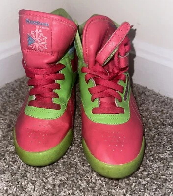 Reebok Freestyle Hi Classic Pink Neon Green Sneakers Youth Girls Size 4.5 - Image 1 of 4