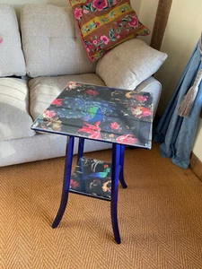 Re-imagined Side Table, Oxford Blue & Exotic Birds + protective top - Picture 1 of 8