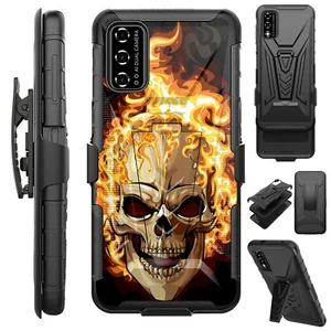 V Holster For REVVL V 4G 2021 Kick Stand Rugged Case Cover SKULL FIRE - Zdjęcie 1 z 5