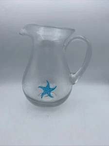 BLUE STARFISH 64 oz Hand Blown Bubble Glass Pitcher 9 3/8” - Picture 1 of 8