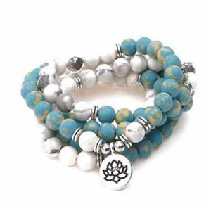 Pulsera Piedra Turquesa Azul Blanco 6mm Colgante Loto Bendición Yoga Aniversario - Imagen 1 de 1