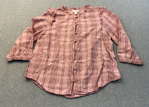 Camisa Lauren Conrad para mujer PM rosa a cuadros con volantes básicos de cabaña manga 3/4 - Imagen 1 de 7