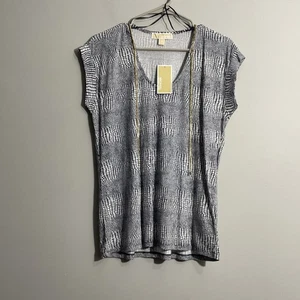 Michael Kors Women’s Navy Geometric Print Top Size M Chain Detail, Dressy Blouse - Picture 1 of 12