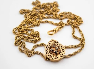 VICTORIAN LARGE SOLID 14KT GOLD SLIDE POCKET WATCH CHAIN 34.9 GRAMS - Picture 1 of 3