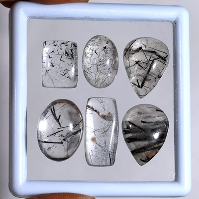 Ink Script~ 6 PC Natural Tourmaline Rutile Quartz 15mm-22mm Cabochon Gemstones - Image 1 of 4