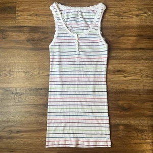 Y2K Rainbow Stripe Henley Tank Lace Trim Coquette 2000s Fairy McBling Bratz - Picture 1 of 5
