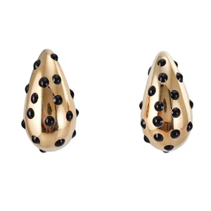 Yellow Gold Black Polka Dot Enamel Large Teardrop Earrings - Picture 1 of 4