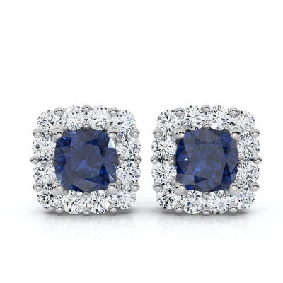 1 1/2Ct Blue Sapphire & Diamond Cushion Halo Studs 14k Gold Earrings Lab Grown Foto 1 de 4