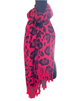 Cachecol com estampa de leopardo vermelho franja acessório de declaração feminino ousado boho xale envoltório - Imagem 1 de 4