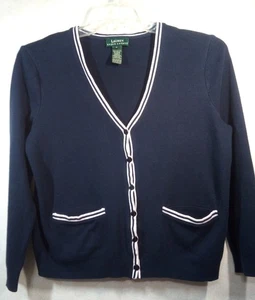 Lauren Ralph Lauren Cardigan Sweater Women S Blue V-Neck Pockets Long Sleeve - Picture 1 of 19