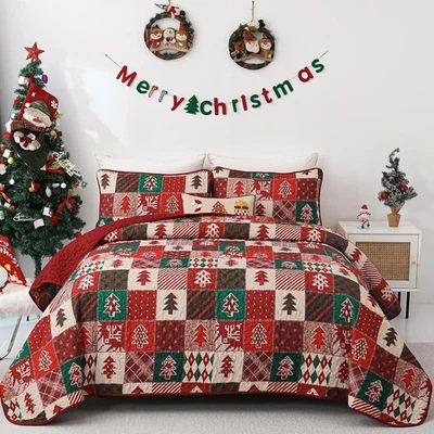 Colcha King Navidad, 3 Piezas Patchwork Cuadros King Size Colcha Rojo Verde Chr Foto 1 de 4