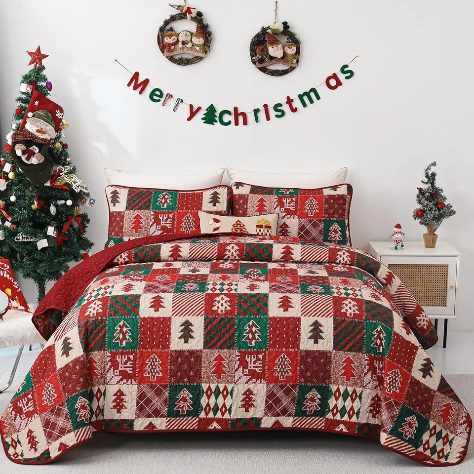 Colcha de Natal King, 3 peças xadrez patchwork tamanho King vermelho verde Chr - Imagem 1 de 4