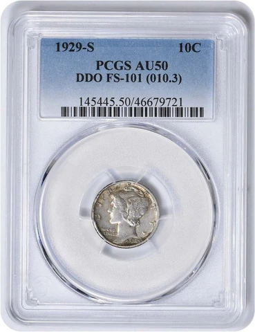 1929-S Mercury Silver Dime DDO FS-101 AU50 PCGS Cover