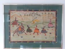 Vintage Indian Hindu Persian Mughal Painting On Silk Tiger fight Framed