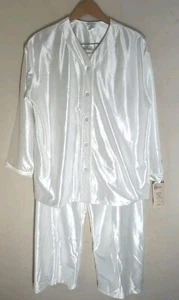 Pajamas Set White Satin Women's Large Silky Top Pants Button Up Elastic Waist - Picture 1 of 9
