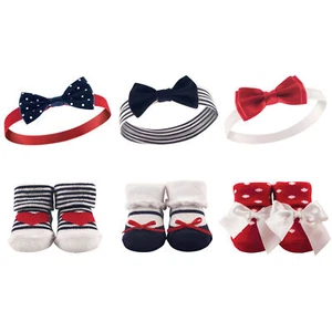 Hudson Baby Infant Girl Headband and Socks Giftset 6pc, Red Navy, One Size - Picture 1 of 2