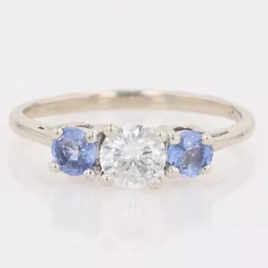 .98ctw Round Cut Diamond and Sapphire Engagement Ring 14k White Gold Size 6.5 - Picture 1 of 7