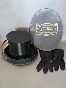 Antiker Capeau claque Zylinderhut mit Hutschachtel und Handschuhen um 1900 - Picture 1 of 13