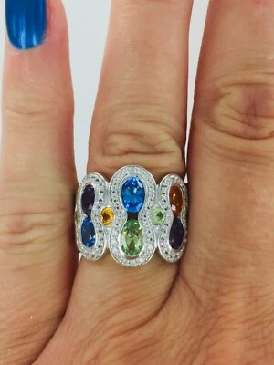 Stunning 5.25 CT Multi Color Created Sapphire Band Ring .925 Silver Size 7 $299 - Image 1 of 4