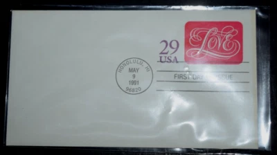 VINTAGE FIRST DAY CANCEL "LOVE - 29c," USPS Embossed Envelope, U621  (c) 1991 - Image 1 of 3