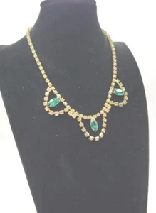 VTG Faux Emeralds & Peridot Rhinestones Statement Necklace, Goldtone Collar 14" - Picture 1 of 10