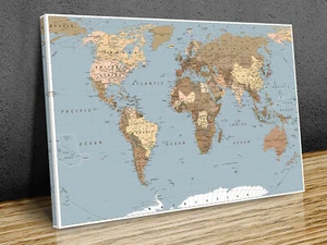 Classic World map countries capitals mounted canvas print ready to hang - Picture 1 of 12