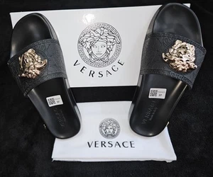 Versace Nero-Oro Pool Slide Gomma Slippers SZ 37  New With Box  - Picture 1 of 4