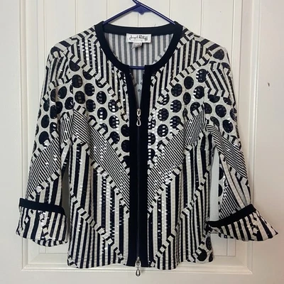 Joseph Ribkoff Sz 10 Black White Sequin Zip front Lined Dress jacket Coat MINT! - Image 1 of 4