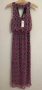 Banana Republic Damen Maxikleid ärmellos geometrisches Muster rosa rot 00P Petite - Bild 1 von 8