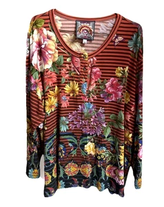 Johnny Was Floral Stripe Blouse Los Angeles Size L 3/4 Sleeve Stretchy - Picture 1 of 5