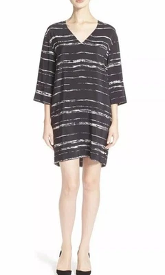 VINCE. Women’s Shadow Stripe Shift 100% SILK Mini Dress SMALL/P Black White - Image 1 of 4