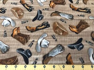 Cowboy Hat and Boots 100% cotton fabric sold by the yard #1162