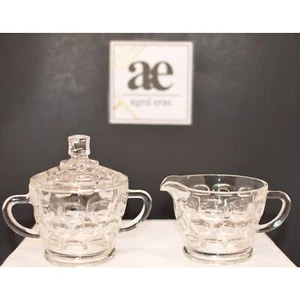 Vintage Federal Klarglas Yorktown Kolonial Daumenabdruck Zucker und Milchkännchen Set - Bild 1 von 8