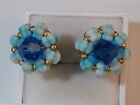  Vintage 50er Jahre blau kristallgeformte Perle Blume Design Clip Ohrringe 1e 23