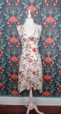 Vestido Floral Vintage Y2K Whimsigoth Dobladillo Mordedura de Tiburón Halter Tejido Fiesta Foto 1 de 4